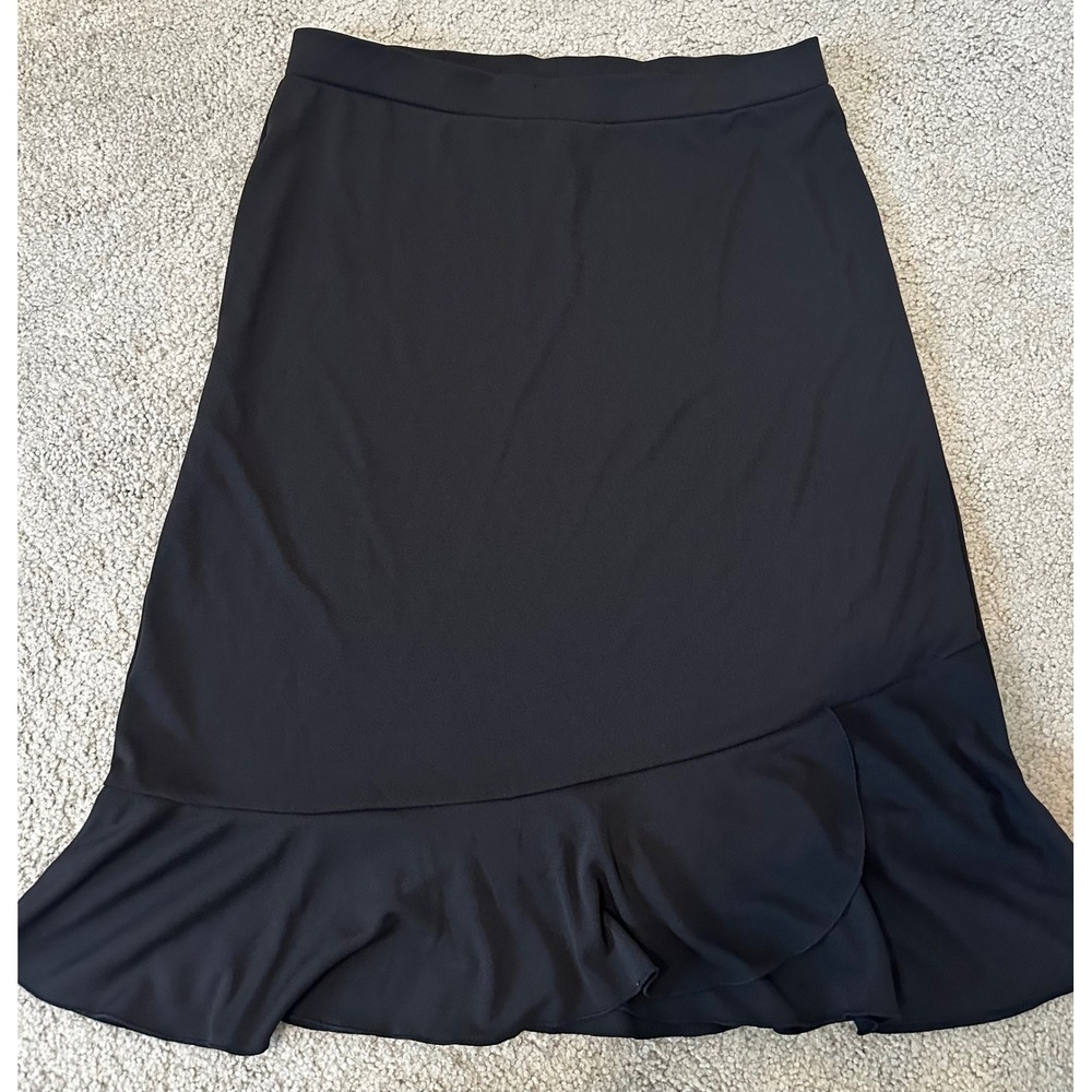 Sigrid Olsen Black Ruffle Hem Midi Skirt Size M Asymmetrical Pull On Stretch